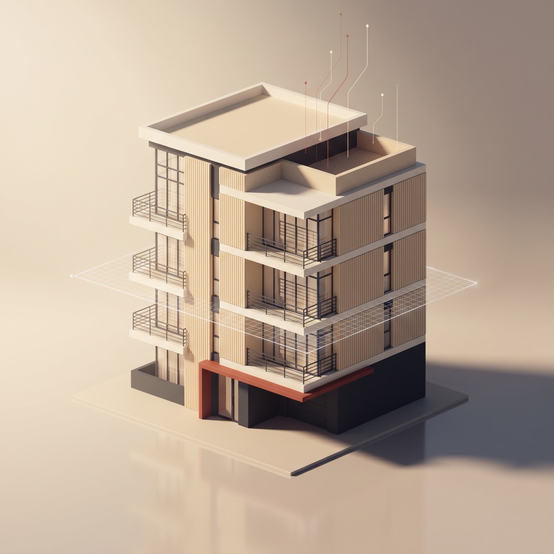 Render of a modern multifamily investment property being analyzed by AI